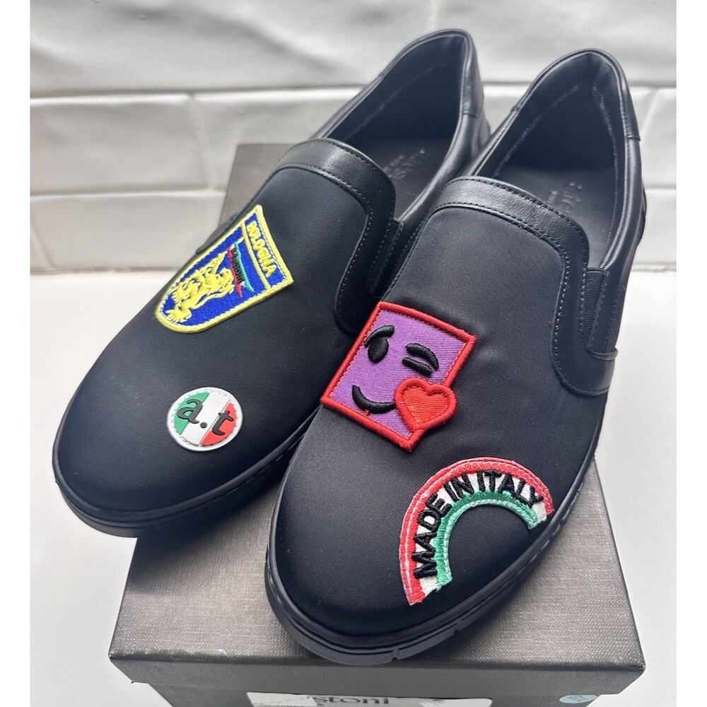 NEW A. Testoni Black Bologna Slip-On Patch Sneakers Black Made In Italy Men 7.5
